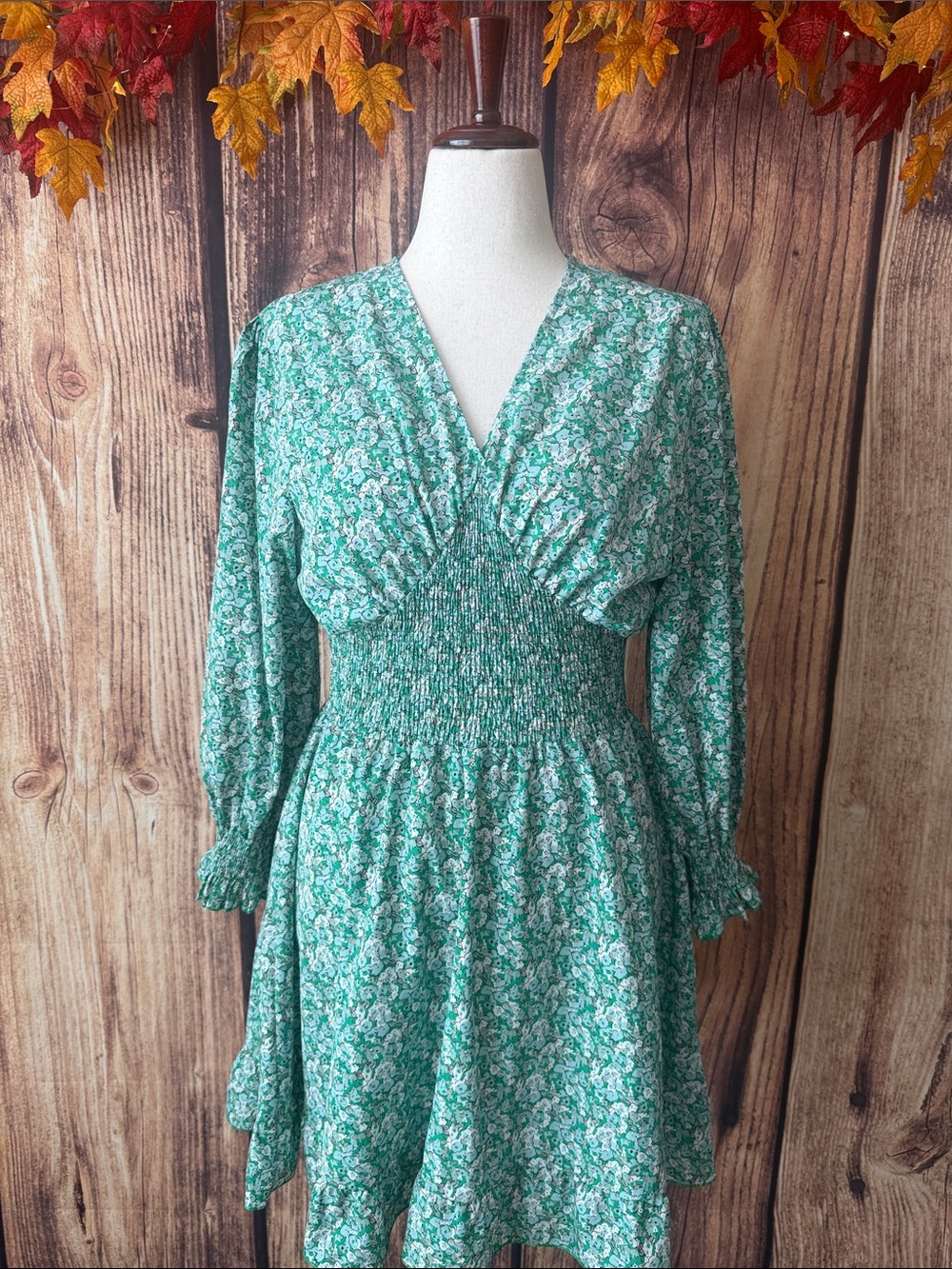 Smocked-Waist Green Floral Long-Sleeve Dress NWOT